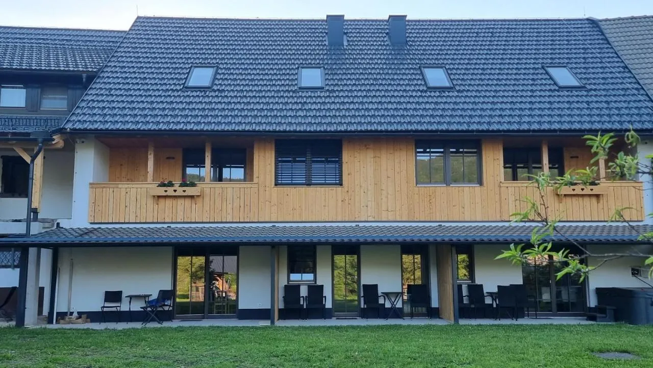 Pritličje hiše z vrtne strani: terase apartmajev 1 in 2