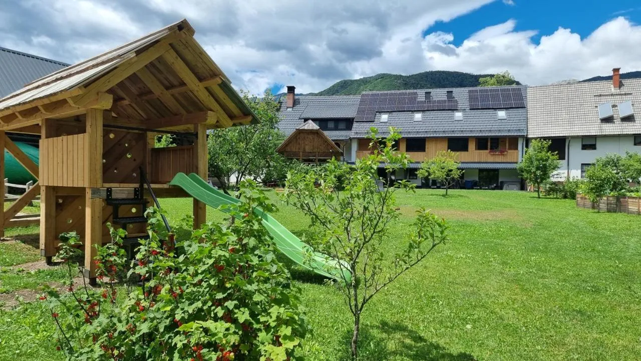 Lesena hiška s toboganom na vrtu, v ozadju hiša s sončnimi celicami